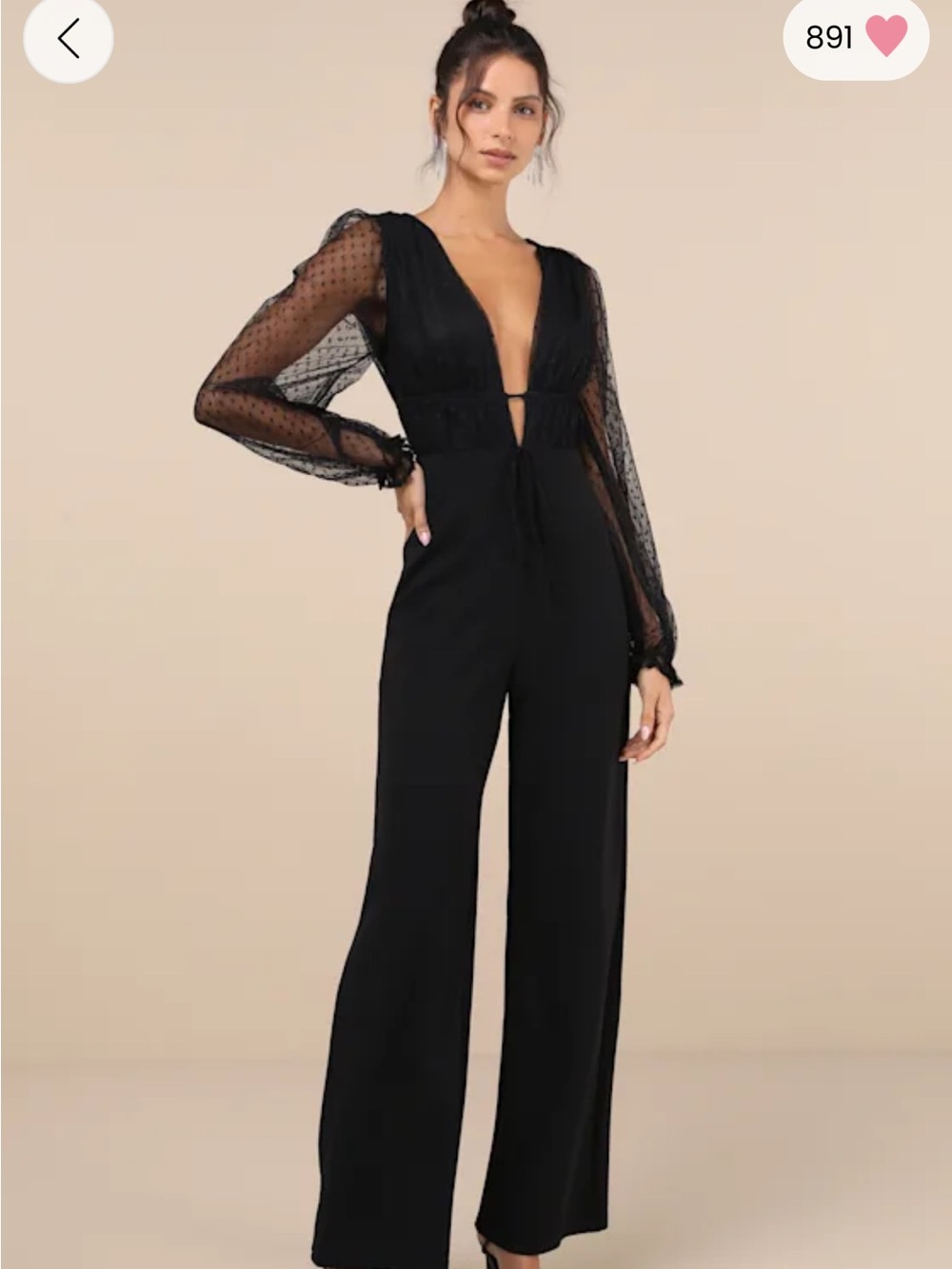 Lulu's Black Plunging Neck Mesh-Sleeve Jumpsuit
